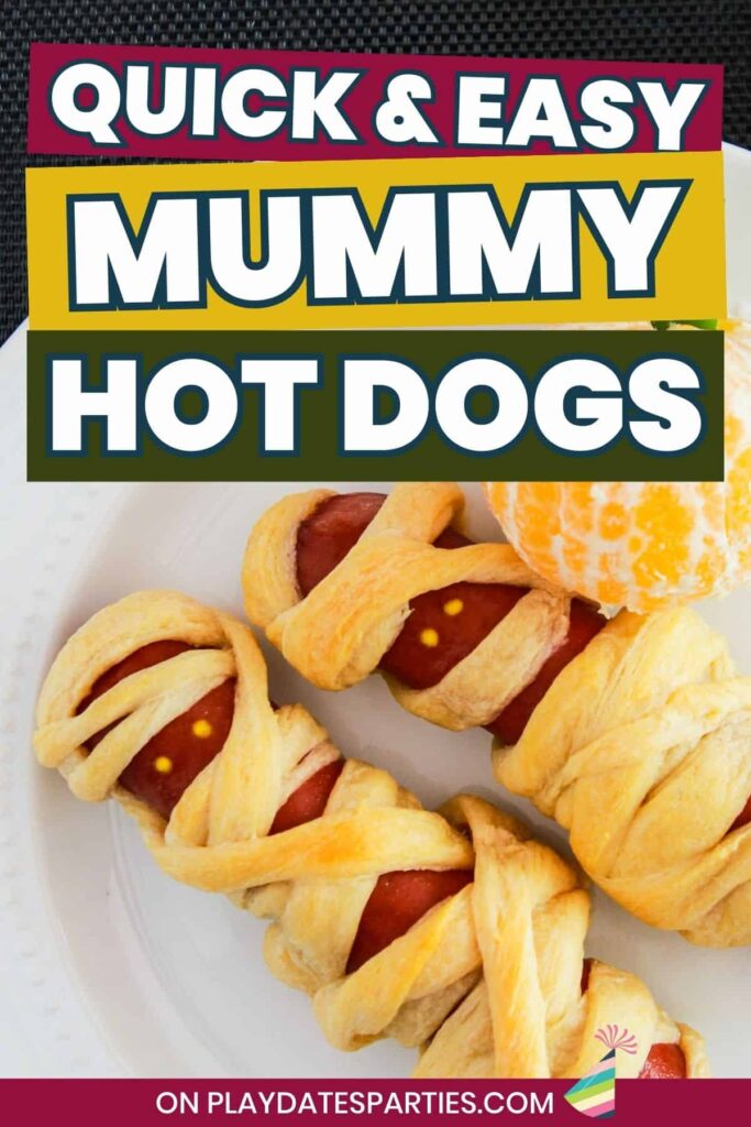 With fluffy crescent rolls and tasty hot dogs, kids love these Halloween mummy dogs. Make them for an easy dinner, or as a treat for a kids party #halloweenfood #halloweenparty #halloweentreats #funfood #kidsfood #pdpcooks