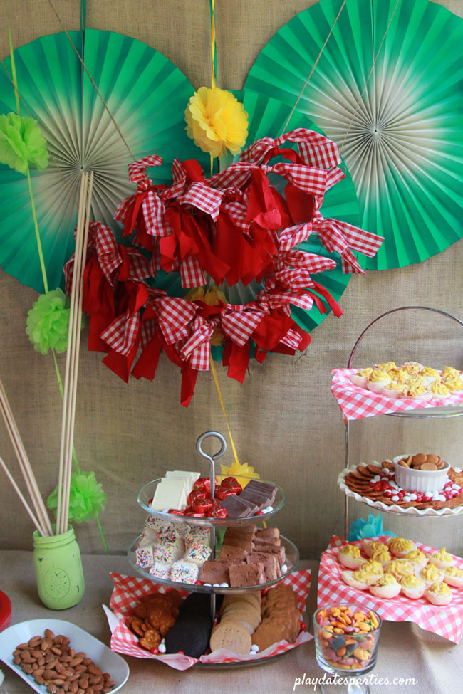 Small buffet for a s'mores party with green rosettes, mini tissue pom poms, a red gingham rag garland, and lots of burlap.