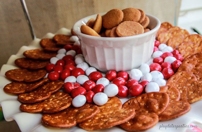 Pretzel crisps, Nilla wafers, and colorful M&Ms for a s'mores party.