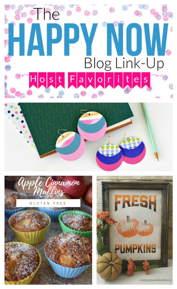 Share your own happy posts and see those of others at the Happy Now Link Up #129. Featuring paper earrings, apple cinnamon muffins, and a DIY paint tutorial for using the reverse side of an artists canvas!
#bloggingtips #linkparty #linkup #blogging
