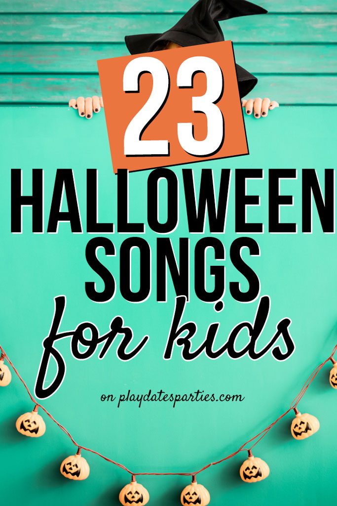 A woman dressed as a witch and Halloween pumpkin lights with text overlay 23 Halloween songs for kids 