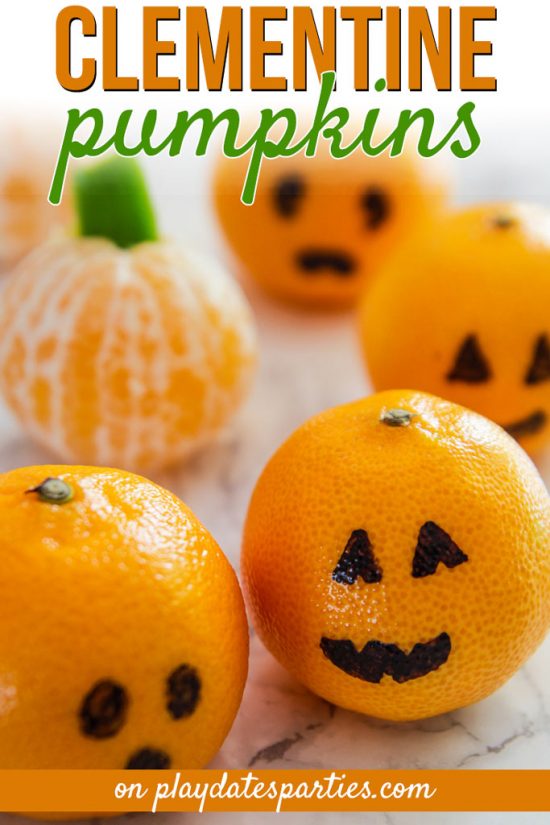 clementine pumpkins and clementine jack-o-lanterns are a cute Halloween party food for kids