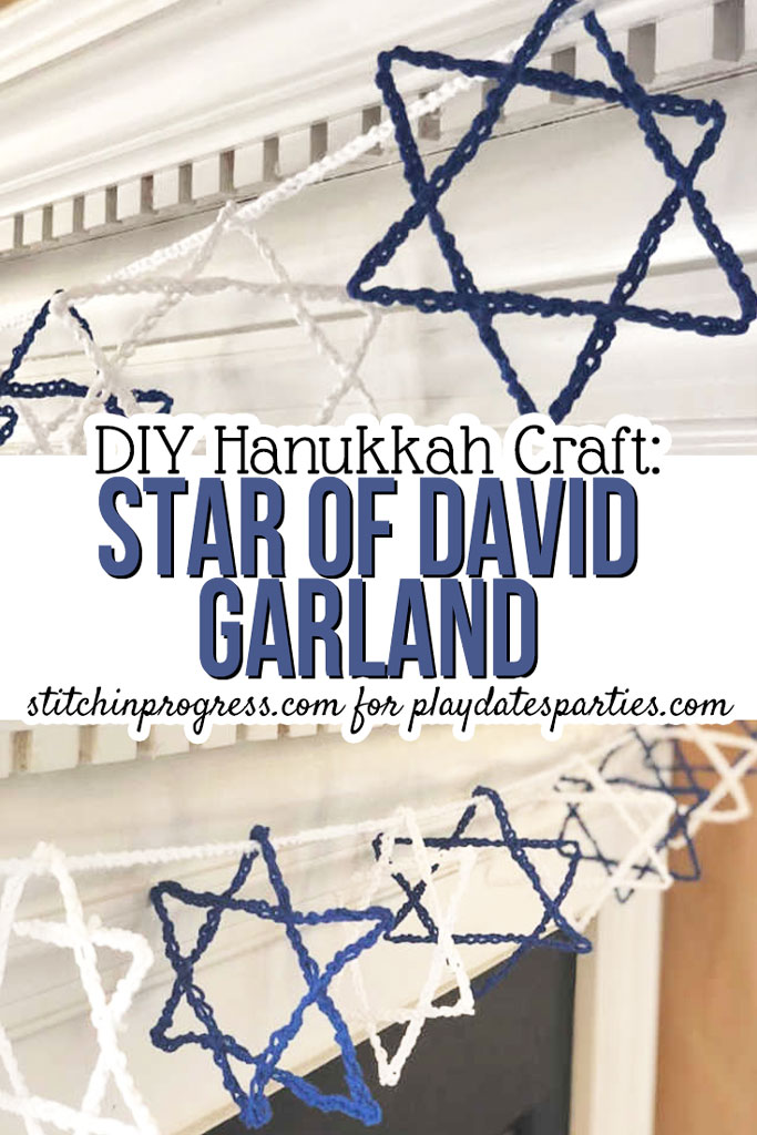 Beginning crafters will love this easy crochet Star of David DIY Hanukkah garland. Make with a very simple crochet stitch and some glue, even kids can make these creative handmade decorations. What a fun way to get the whole family involved in decorating the mantel for the festival. #hanukkah #crochet #easycrafts