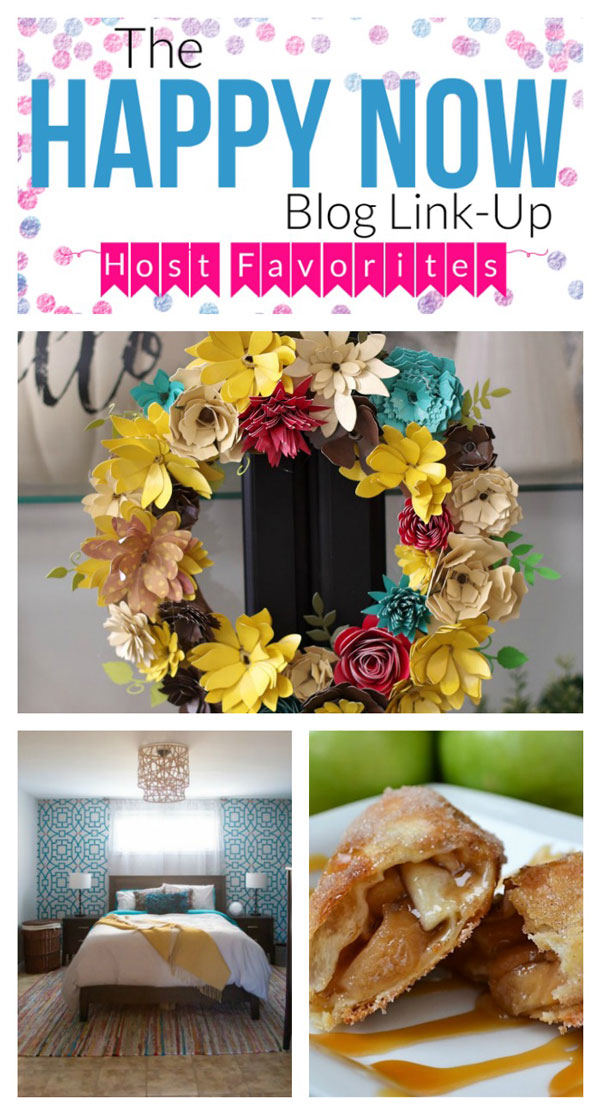 Making your home and your belly happy every week; here are the top posts featured at The Happy Blog Now Link Up No 137: an amazing upcycled DIY ceiling light shade, a gorgeous paper flower wreath just perfect for fall, and delicious apple flautas. Yum! Hop on over to get the details and find even more food and crafts at the link party!
#bloggingtips #linkparty #linkup #blogging