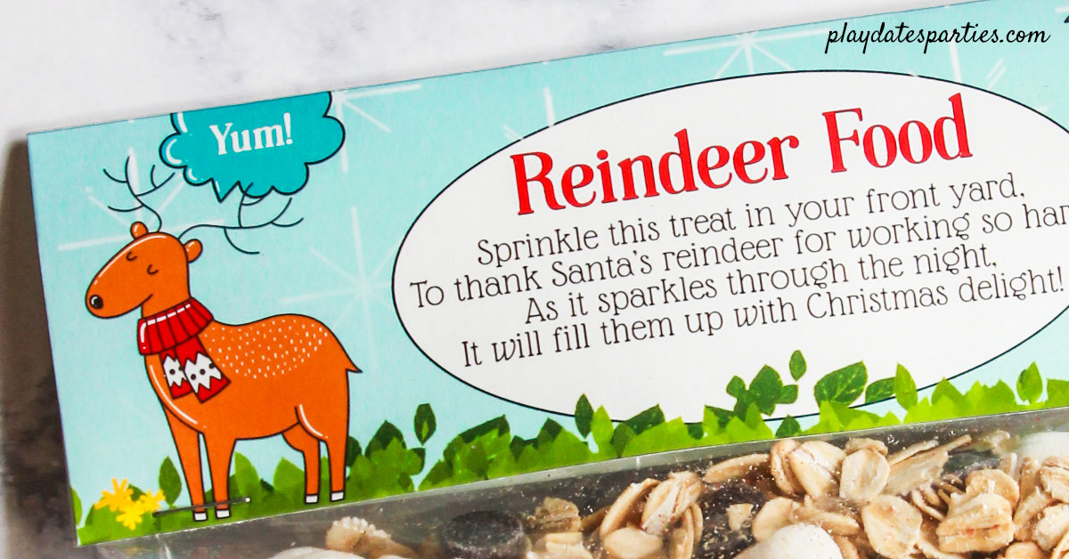 Reindeer Food printable bag topper with a cute reindeer saying "Yum"