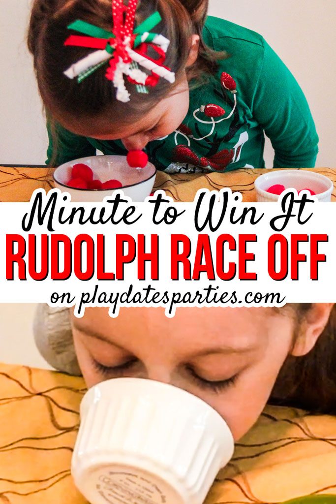 The best Christmas party games for kids, and adults alike are also simple to do and easy to prepare. Rudolph Race Off is a funny, minute to win it style game that all ages can enjoy. Play it for family game night, or break a kids’ party into teams for a hilarious relay race. There’s no doubt that playing a game like this will make your party one to remember for years to come! #kidsparties #holidays #christmas 