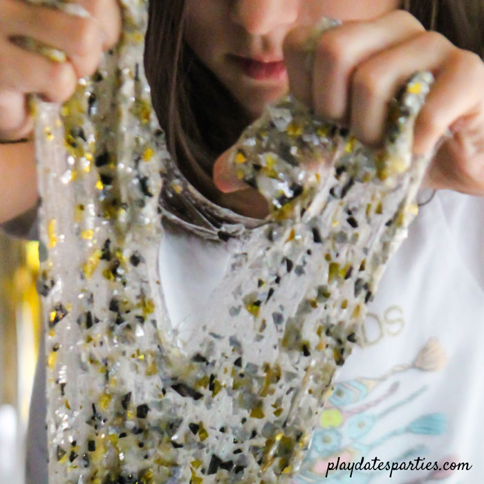 Adding glitter to the clear slime recipe (no borax) before adding the contact solution.