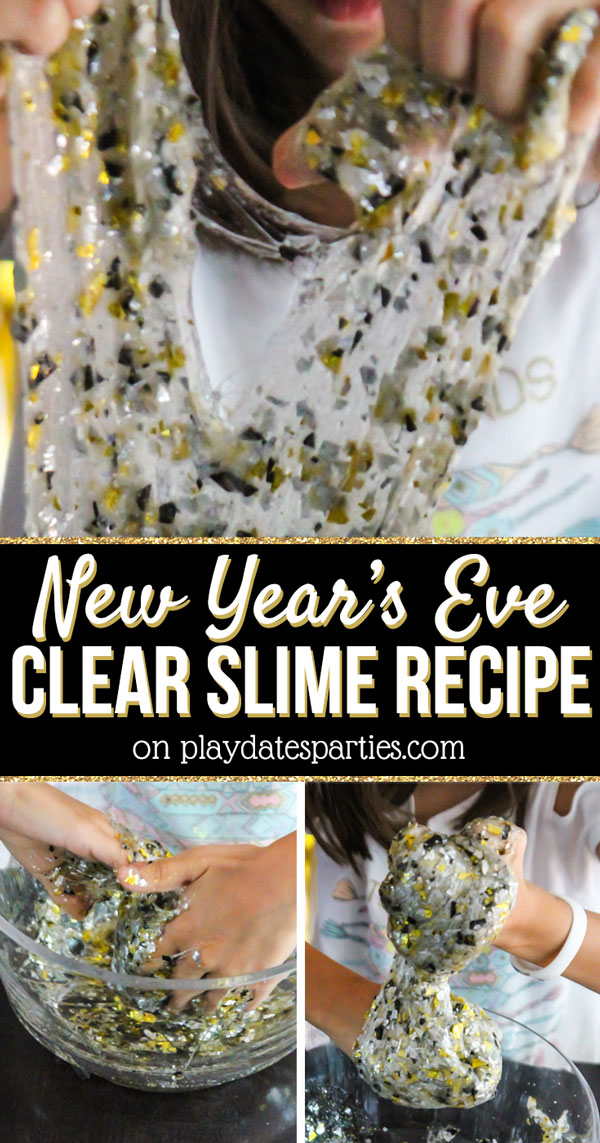 When trying to figure out what to do on New Year’s Eve at home with the kids, we decided to pull together our own little casual family party! One of the ideas we had was to make this fun clear slime recipe (no borax) filled with gold, black and silver glitter and confetti. It’s a great way for families to pass the time together on a cheap budget. And since it’s a quiet activity, it won’t wake the baby either! That definitely makes me happy!
#newyearseve #familyfun #newyearsforkids
