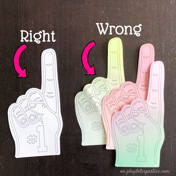 Showing the right way the fan finger football craft should look compared to the incorrectly cut drafts.