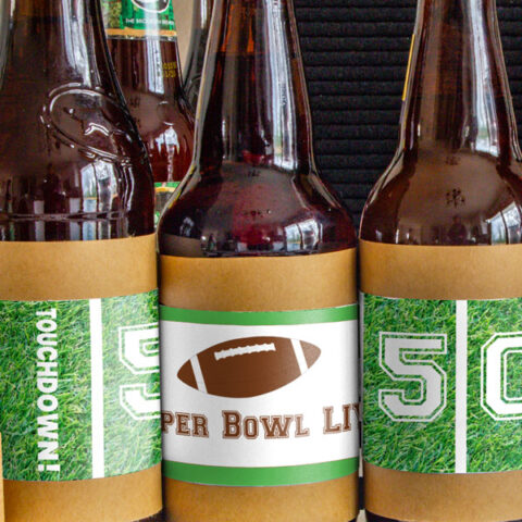Image of super bowl bottle labels on beer bottles