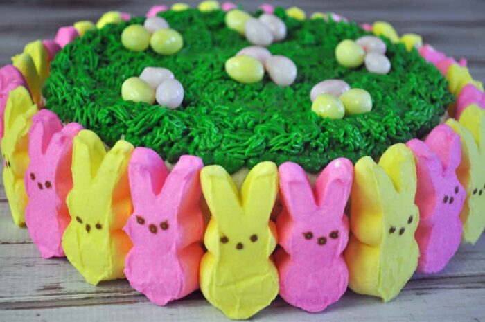 Cake with piped grass on top and peeps around the edge