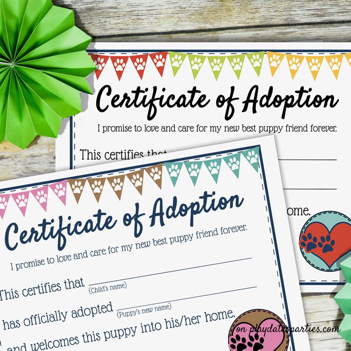 Puppy Certificate of Adoption for a birthday party in two color schemes