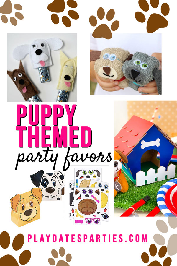 a collage of puppy themed birthday party favors