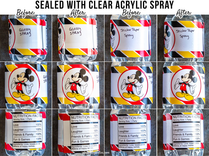 Before and after images of using clear acrylic spray to make waterproof water bottle labels on glossy photo paper and vinyl sticker paper