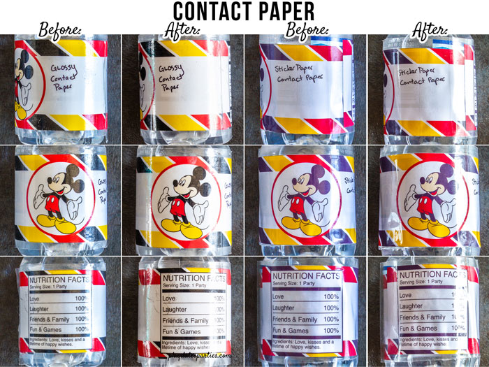 Before and after images of using contact paper to make waterproof water bottle labels on glossy photo paper and vinyl sticker paper