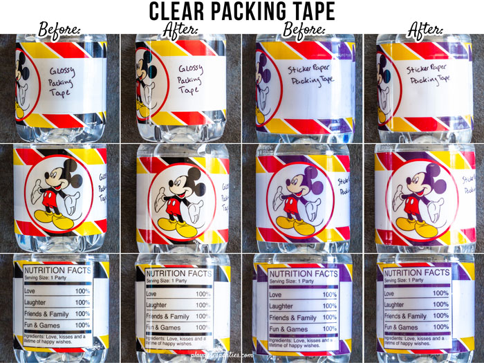 Before and after images of using packing tape to make waterproof water bottle labels on glossy photo paper and vinyl sticker paper