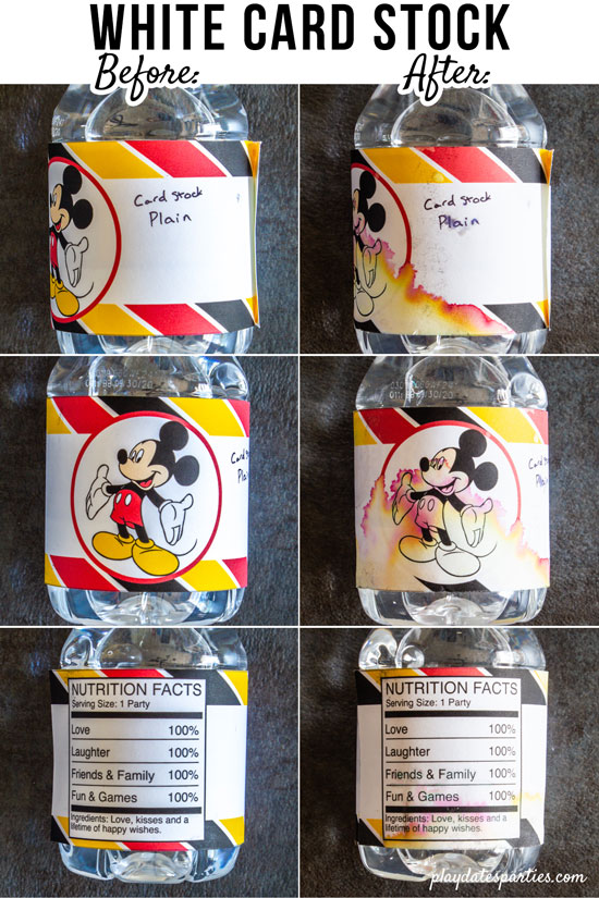 white card stock water bottle labels before and after sitting in an ice bucket