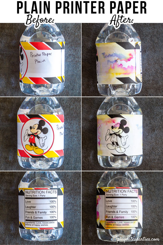 plain printer paper water bottle labels before and after sitting in an ice bucket