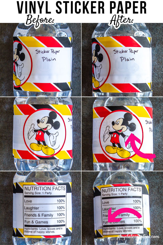 waterproof vinyl sticker paper water bottle labels before and after sitting in an ice bucket