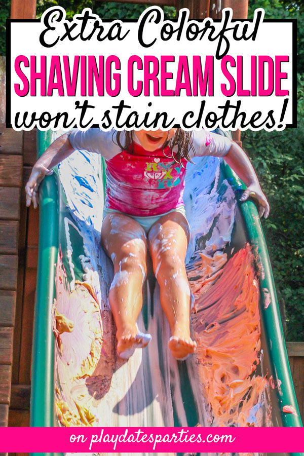 Picture of a girl sliding down a slide with blue and orange shaving cream and the text extra colorful shaving cream slide won't stain clothes