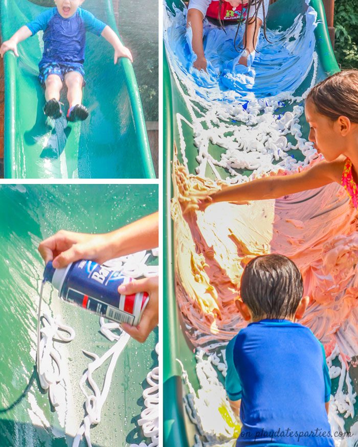 A collage of pictures showing how to set up a colorful shaving cream slide