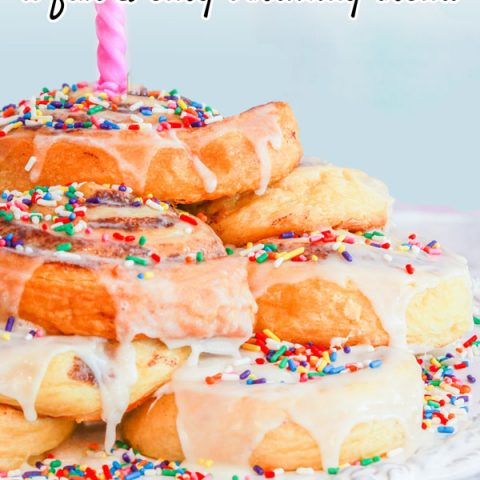 Stacked cinnamon roll cake with sprinkles and a birthday candle and the text cinnamon roll cake a fun and easy birthday treat