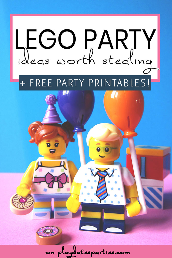 Lego minifigures holding party balloons with the text Lego Party Ideas worth stealing plus free party printables