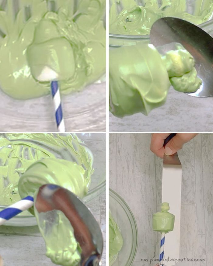 How to coat the toy story alien marshmallow pops with candy melts