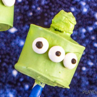 close up of finished toy story alien marshmallow pops