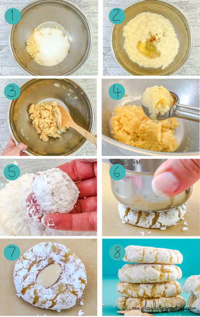 step by step collage of how to make almond macaroon cookies