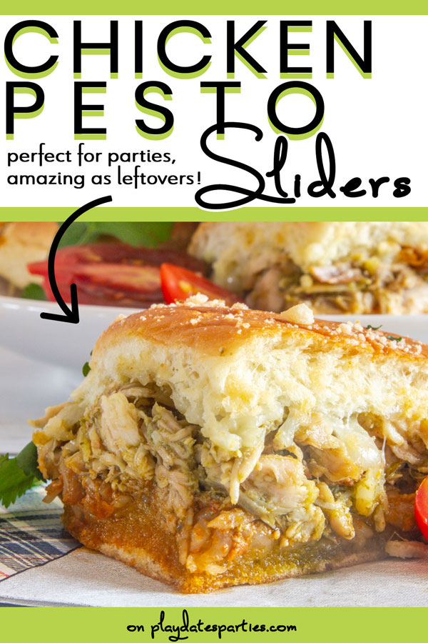 close up of chicken pesto sliders on a napkin with text chicken pesto sliders perfect for parties amazing as appetizer