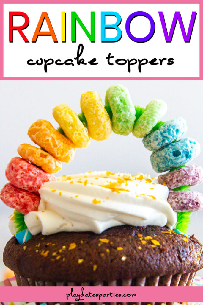 Cupcake with Rainbow cereal cupcake topper and text Rainbow cupcake toppers