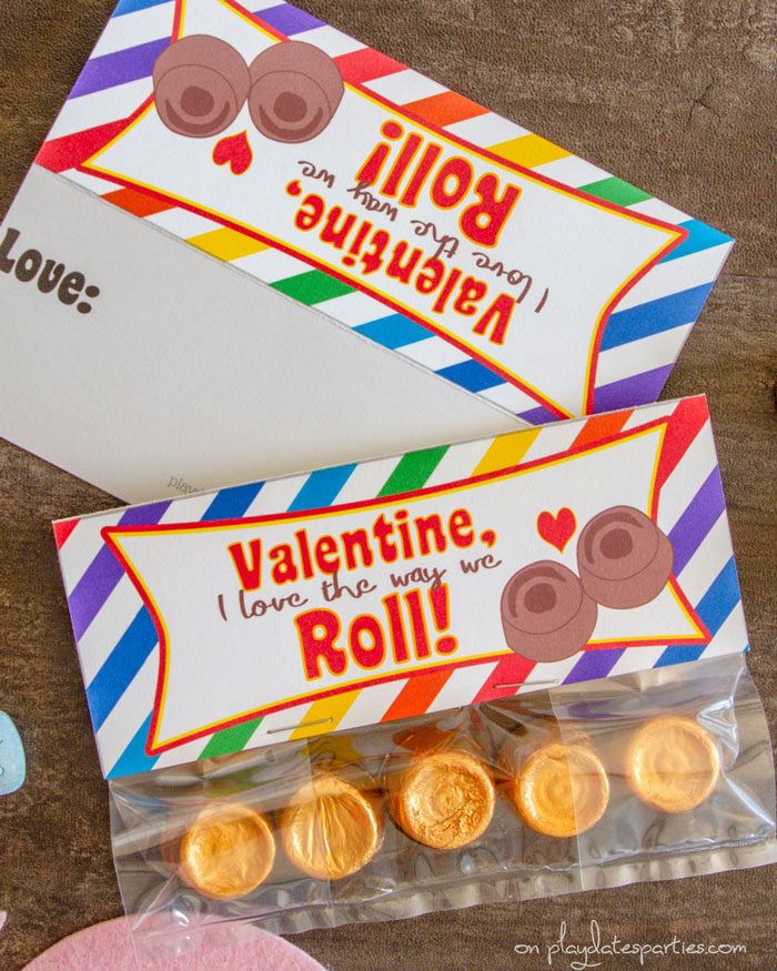 Front and back of Valentine's Day bag toppers with Rolo candy