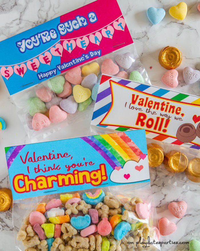 Valentines day treat bags themed for Rolo candy, sweet hearts, and Lucky Charms