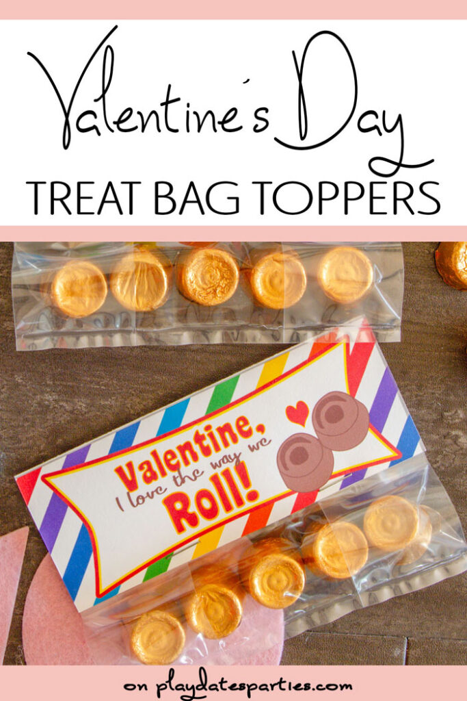 Rolos in a treat sack with a rainbow bag topper with a text overlay Valentine's Day treat bag toppers