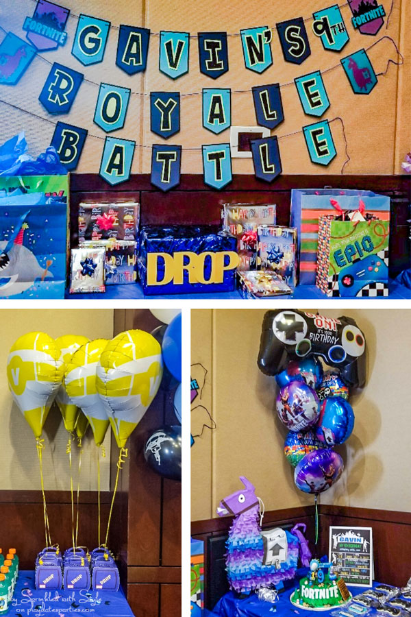 Collage of Fortnite theme party ideas including a custom banner, balloons, drop box with v bucks balloons, and loot llama pinata