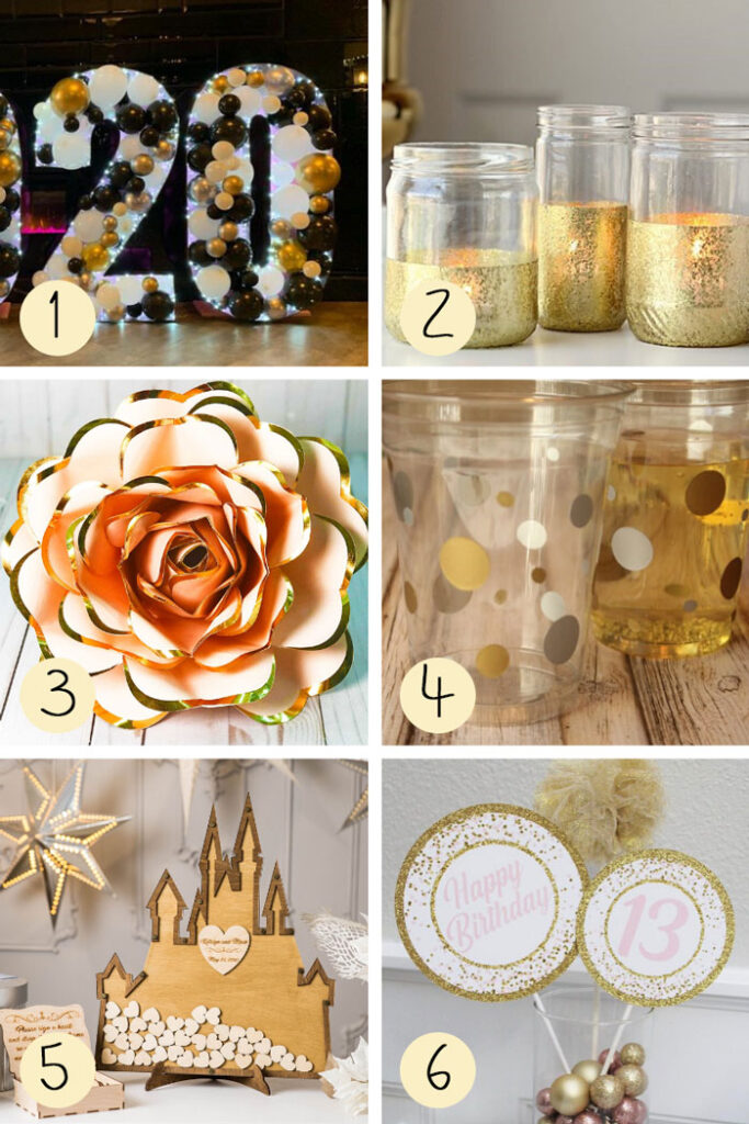 collage of gold party decorations including number balloon mosaics, gold dipped jars, gold paper flowers, gold decorated cups, castle drop box, and golden party printables