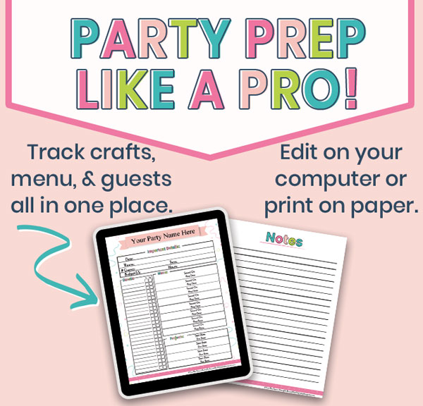 Mockup of a free party planner showing how it can be printed or used electronically.