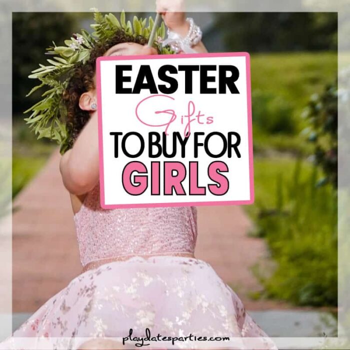 girl in an Easter dress with a flower crown playing outside 