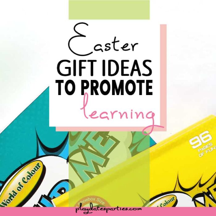 teal and yellow coloring books with the text Easter gift ideas to promote learning