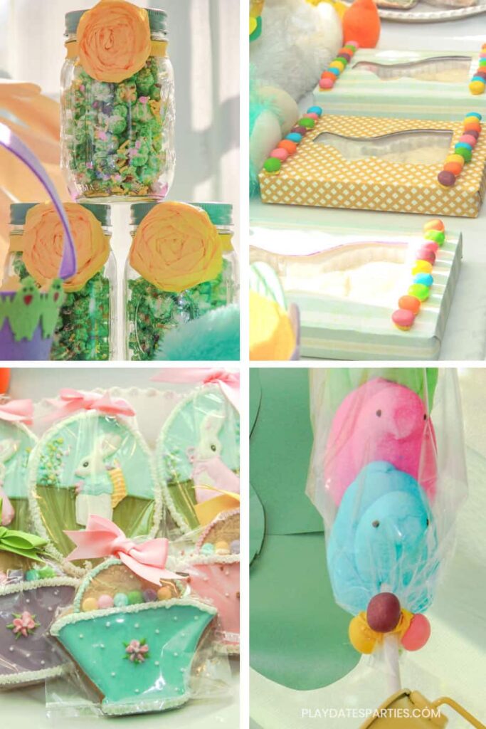 collage of Easter treats, including green popcorn, chocolate bunnies, sugar cookies, and peeps