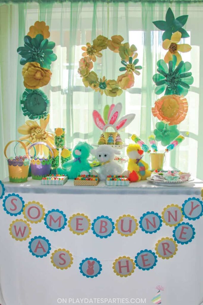 Buffet of Easter treats with aqua and yellow color scheme