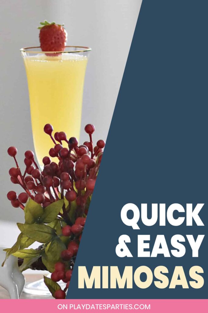 mimosa in a champagne flute with the text quick and easy mimosas recipe