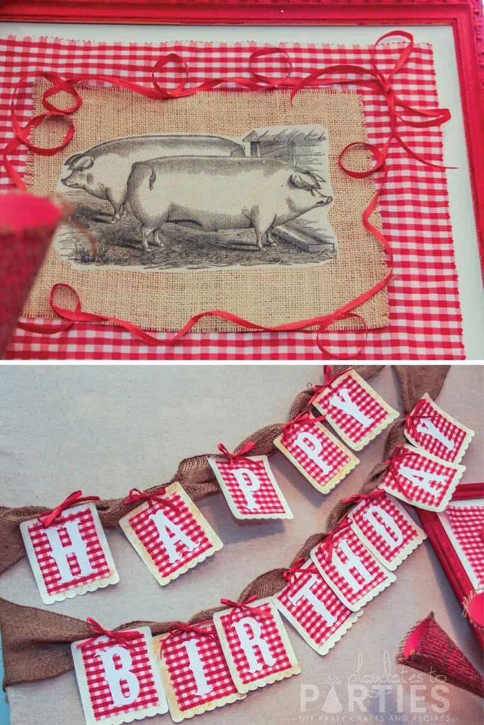 close up of a picture of pigs on burlap and a red gingham happy birthday banner