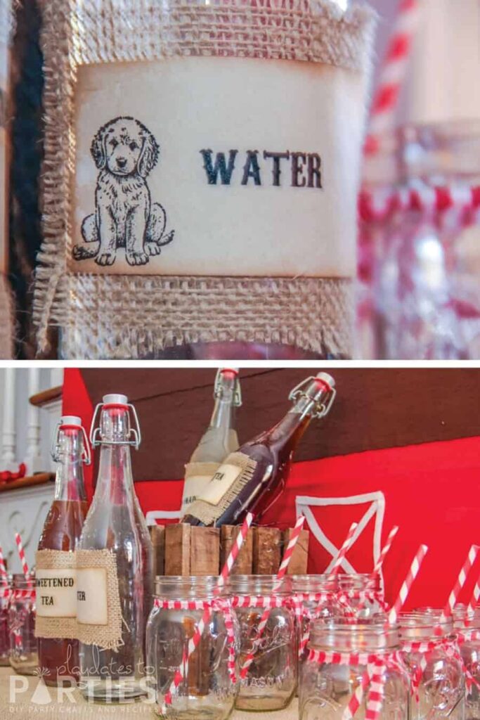 rustic water bottle label with burlap and a drink buffet with mason jars