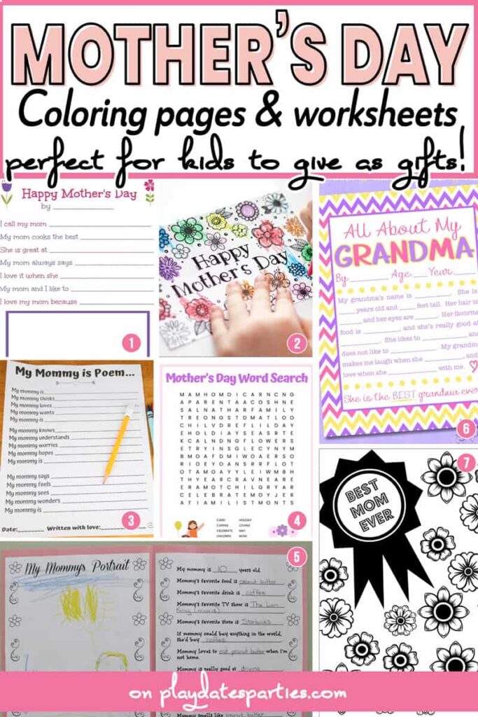 A collage of 7 Mother's Day printables coloring pages and worksheets for kids