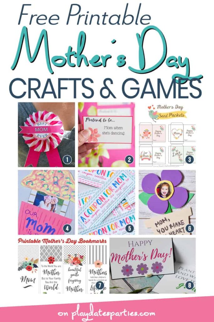 A collage of 8 crafts, games, and projects kids can make for Mother's Day