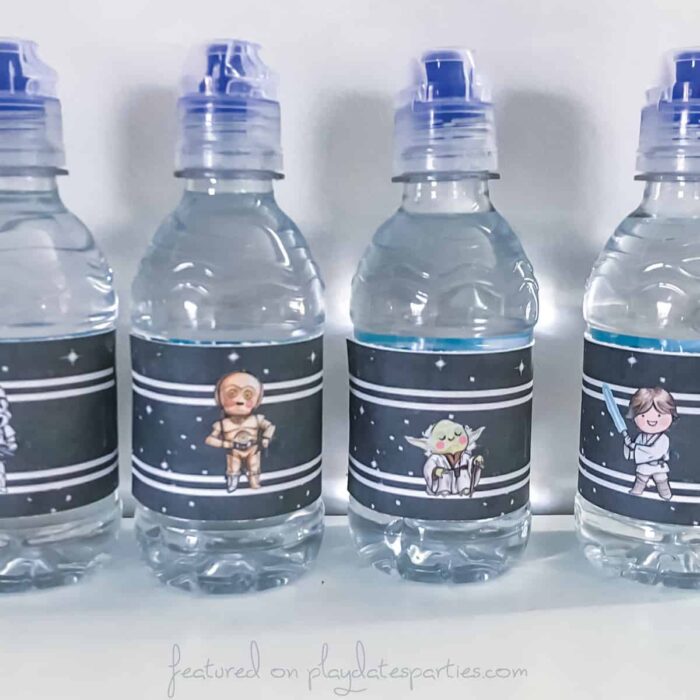 waters with party themed bottle labels