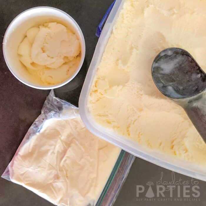 Scooping ice cream into individually portioned bags