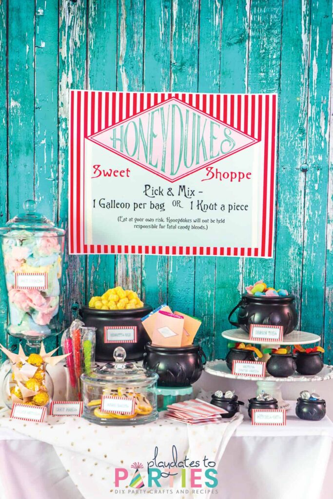 Honeydukes sweet shoppe buffet with a custom sign, and candies in plastic cauldrons and glass jars